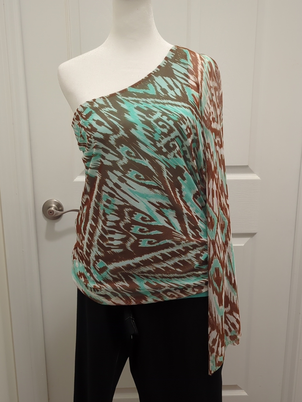 INC International Concepts One-Shoulder Tunic in Teal and Brown Ikat